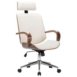 Chaise fauteuil si&egrave;ge de bureau informatique &eacute;tude avec appuie-t&ecirc;te similicuir et bois cr&egrave;me 02_002