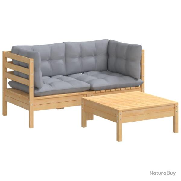 Salon de jardin meuble d'ext�rieur ensemble de mobilier 3 pi�ces avec coussins gris bois de pin 02_