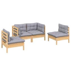 Salon de jardin meuble d'ext&eacute;rieur ensemble de mobilier 4 pi&egrave;ces avec coussins gris bois de pin mas
