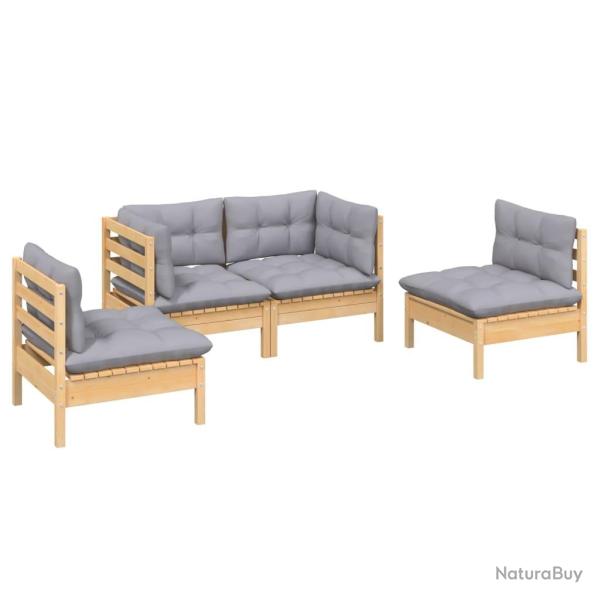 Salon de jardin meuble d'ext�rieur ensemble de mobilier 4 pi�ces avec coussins gris bois de pin mas