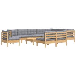 Salon de jardin meuble d'ext&eacute;rieur ensemble de mobilier 11 pi&egrave;ces avec coussins gris bois de pin so