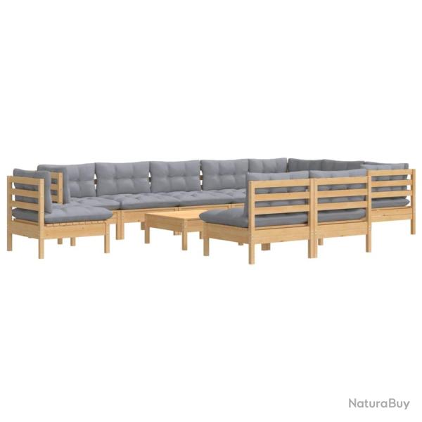 Salon de jardin meuble d'ext�rieur ensemble de mobilier 11 pi�ces avec coussins gris bois de pin so