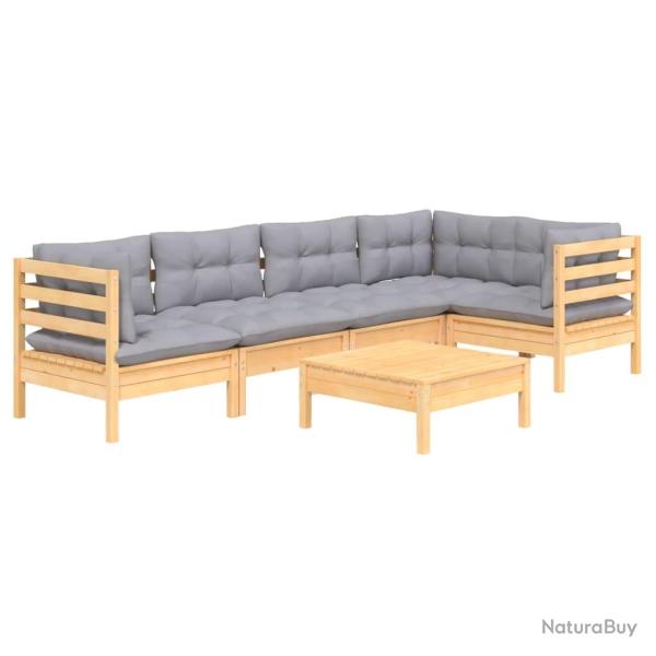 Salon de jardin meuble d'ext�rieur ensemble de mobilier 6 pi�ces avec coussins gris bois de pin 02_