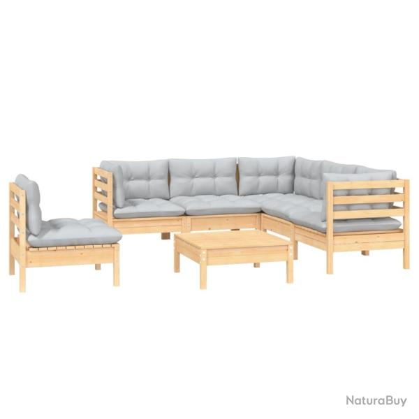 Salon de jardin meuble d'ext�rieur ensemble de mobilier 6 pi�ces avec coussins gris bois de pin 02_