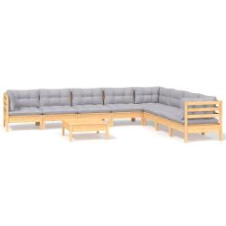 Salon de jardin meuble d'ext&eacute;rieur ensemble de mobilier 9 pi&egrave;ces avec coussins gris bois de pin sol