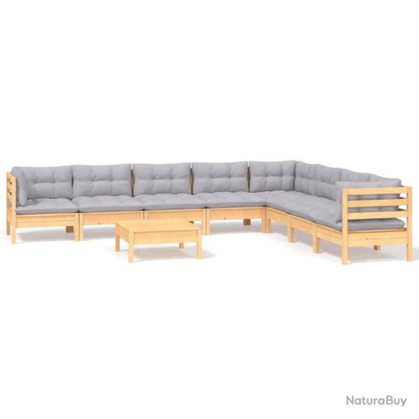 Salon de jardin meuble d'ext�rieur ensemble de mobilier 9 pi�ces avec coussins gris bois de pin sol
