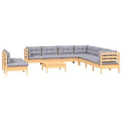 Salon de jardin meuble d'ext&eacute;rieur ensemble de mobilier 10 pi&egrave;ces avec coussins gris bois de pin so