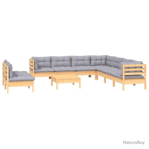 Salon de jardin meuble d'ext�rieur ensemble de mobilier 10 pi�ces avec coussins gris bois de pin so