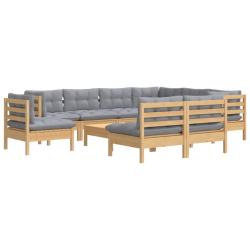 Salon de jardin meuble d'ext&eacute;rieur ensemble de mobilier 10 pi&egrave;ces avec coussins gris bois de pin so