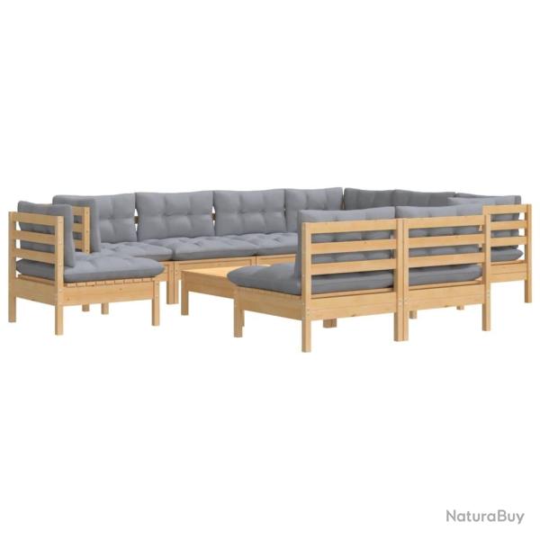 Salon de jardin meuble d'ext�rieur ensemble de mobilier 10 pi�ces avec coussins gris bois de pin so