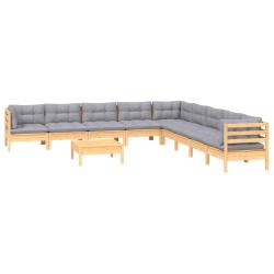 Salon de jardin meuble d'ext&eacute;rieur ensemble de mobilier 10 pi&egrave;ces avec coussins gris bois de pin so