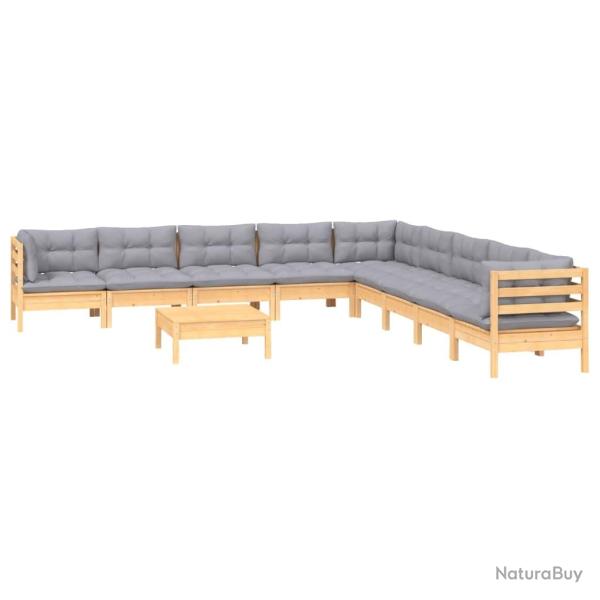 Salon de jardin meuble d'ext�rieur ensemble de mobilier 10 pi�ces avec coussins gris bois de pin so