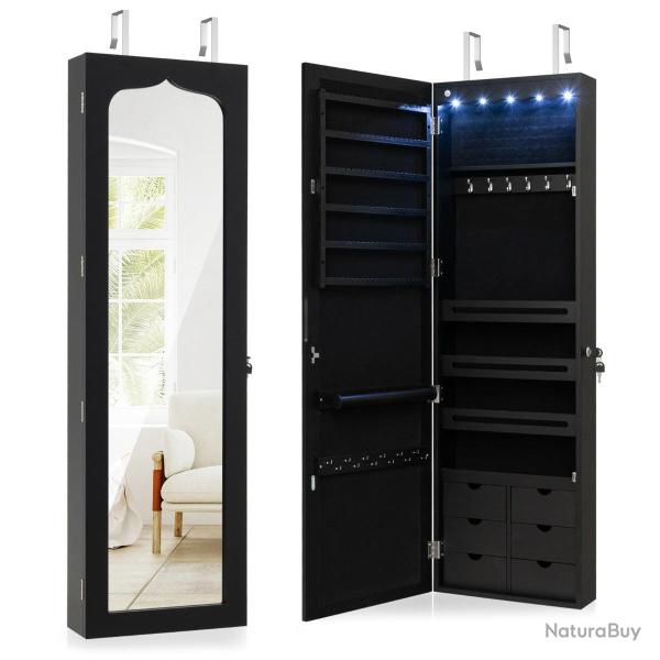 Armoire � bijoux murale 120 x 36,5 x 11,5 cm avec miroir et lumi�re led design moderne en MDF noir