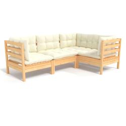 Salon de jardin meuble d'ext&eacute;rieur ensemble de mobilier 4 pi&egrave;ces avec coussins cr&egrave;me bois de pin 02