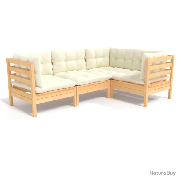 Salon de jardin meuble d'ext�rieur ensemble de mobilier 4 pi�ces avec coussins cr�me bois de pin 02