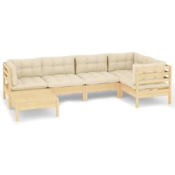Salon de jardin meuble d'ext&eacute;rieur ensemble de mobilier 6 pi&egrave;ces avec coussins cr&egrave;me bois de pin ma