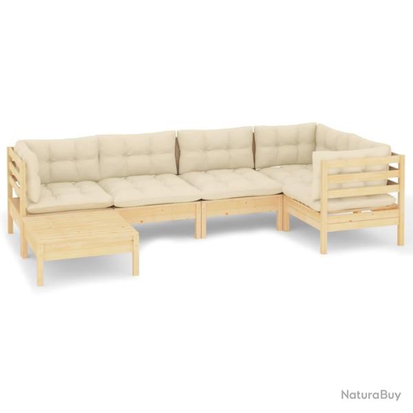 Salon de jardin meuble d'ext�rieur ensemble de mobilier 6 pi�ces avec coussins cr�me bois de pin ma