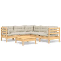 Salon de jardin meuble d'ext&eacute;rieur ensemble de mobilier 6 pi&egrave;ces avec coussins cr&egrave;me bois de pin so
