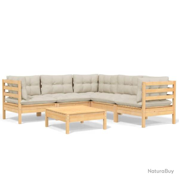 Salon de jardin meuble d'ext�rieur ensemble de mobilier 6 pi�ces avec coussins cr�me bois de pin so