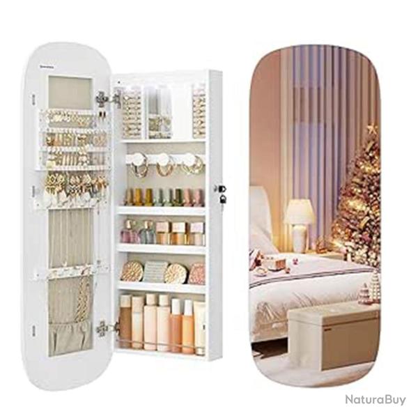 Armoire � bijoux miroir mural avec led et serrure miroir psych� avec plusieurs compartiments pour b