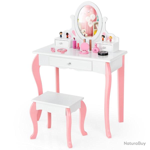 Lot de coiffeuse et tabouret pour enfant 70 x 33,5 x 99,5 cm miroir pivotant amovible finition blan