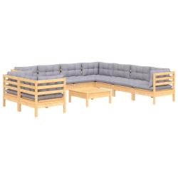 Salon de jardin meuble d'ext&eacute;rieur ensemble de mobilier 10 pi&egrave;ces avec coussins gris bois de pin ma