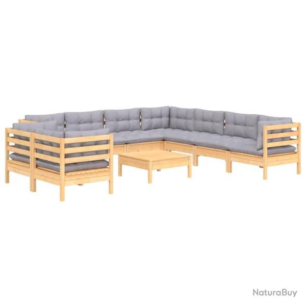 Salon de jardin meuble d'ext�rieur ensemble de mobilier 10 pi�ces avec coussins gris bois de pin ma