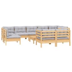Salon de jardin meuble d'ext&eacute;rieur ensemble de mobilier 10 pi&egrave;ces avec coussins gris bois de pin ma