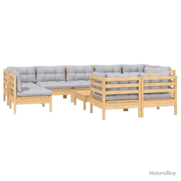 Salon de jardin meuble d'ext�rieur ensemble de mobilier 10 pi�ces avec coussins gris bois de pin ma
