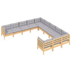 Salon de jardin meuble d'ext&eacute;rieur ensemble de mobilier 11 pi&egrave;ces avec coussins gris bois de pin 02