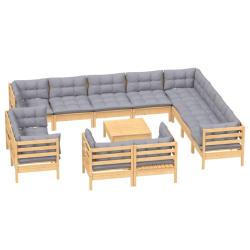 Salon de jardin meuble d'ext&eacute;rieur ensemble de mobilier 13 pi&egrave;ces avec coussins gris bois de pin so