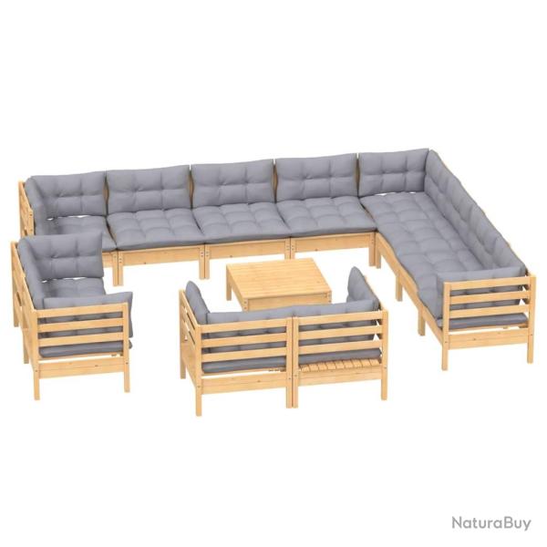 Salon de jardin meuble d'ext�rieur ensemble de mobilier 13 pi�ces avec coussins gris bois de pin so