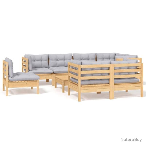 Salon de jardin meuble d'ext�rieur ensemble de mobilier 9 pi�ces avec coussins gris bois de pin mas