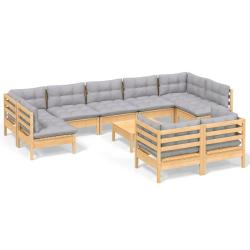 Salon de jardin meuble d'ext&eacute;rieur ensemble de mobilier 10 pi&egrave;ces avec coussins gris bois de pin ma
