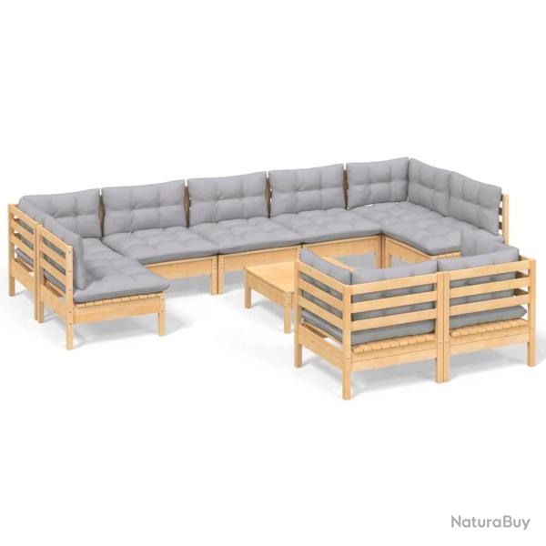 Salon de jardin meuble d'ext�rieur ensemble de mobilier 10 pi�ces avec coussins gris bois de pin ma