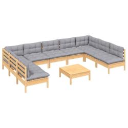 Salon de jardin meuble d'ext&eacute;rieur ensemble de mobilier 10 pi&egrave;ces avec coussins gris bois de pin ma