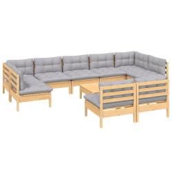 Salon de jardin meuble d'ext&eacute;rieur ensemble de mobilier 10 pi&egrave;ces avec coussins gris bois de pin ma