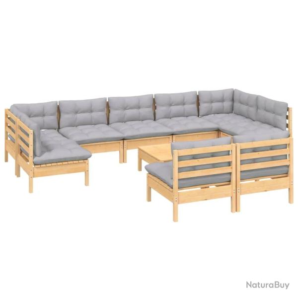 Salon de jardin meuble d'ext�rieur ensemble de mobilier 10 pi�ces avec coussins gris bois de pin ma