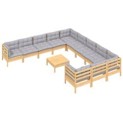 Salon de jardin meuble d'ext&eacute;rieur ensemble de mobilier 12 pi&egrave;ces avec coussins gris bois de pin 02