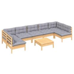 Salon de jardin meuble d'ext&eacute;rieur ensemble de mobilier 8 pi&egrave;ces avec coussins gris bois de pin mas