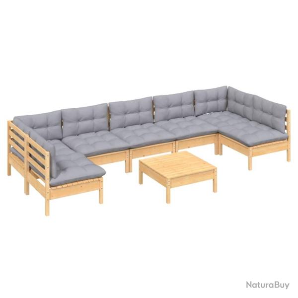 Salon de jardin meuble d'ext�rieur ensemble de mobilier 8 pi�ces avec coussins gris bois de pin mas