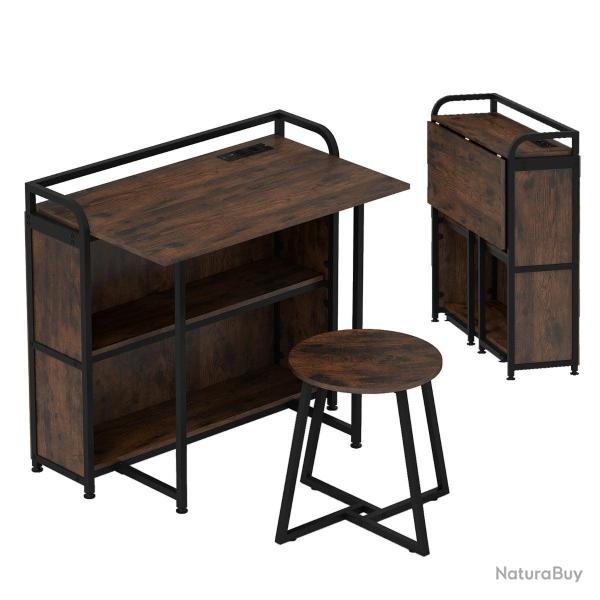 Bureau pliable avec banc de rangement 90 x 55 x 83 cm station d'alimentation int�gr�e ambiance rust