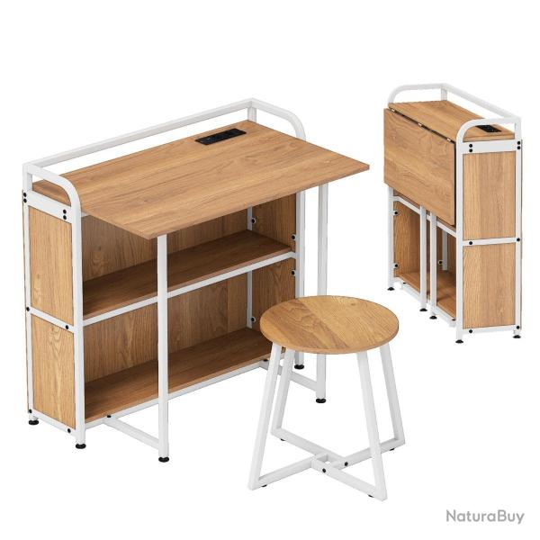 Bureau pliable avec tabouret 90 x 55 x 83 cm station d'alimentation int�gr�e ergonomique style rust