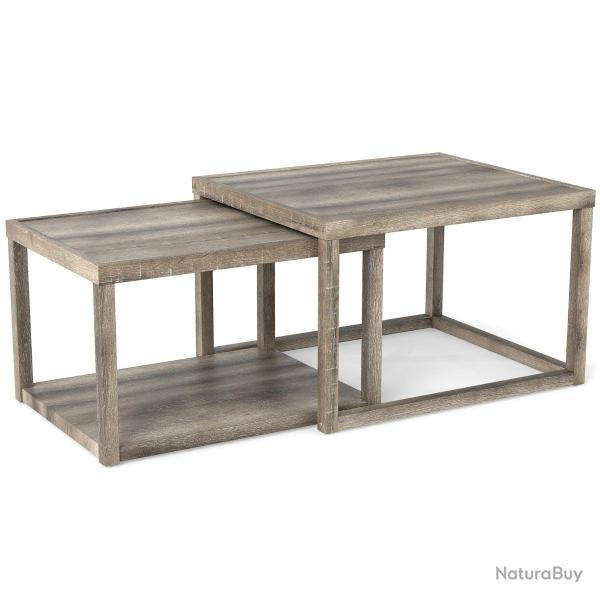 Lot de 2 tables basses gigognes rectangulaires 70 x 60 x 45 cm et 65 x 50 x 40,5 cm rangement prati