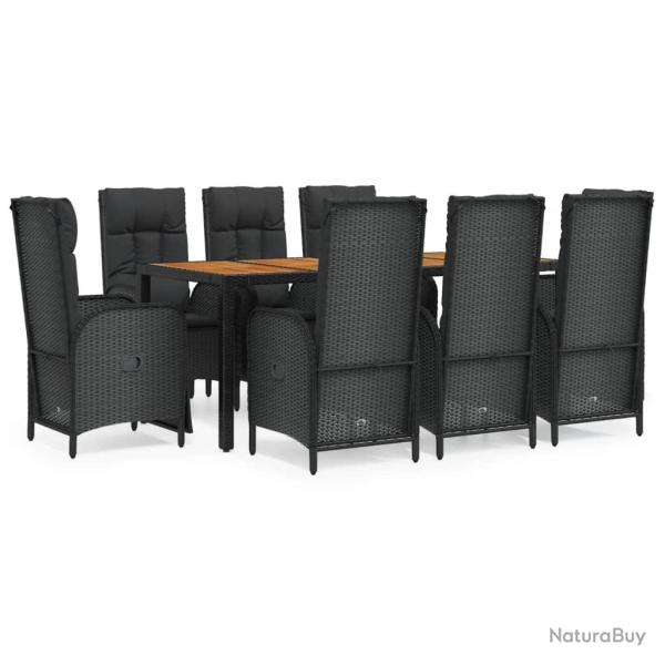 Mobilier � d�ner de jardin 9 pi�ces et coussins noir r�sine tress�e 02_0014829
