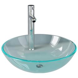 Lavabo salle de bain diam&egrave;tre 40 cm avec robinet et drain &agrave; poussoir verre tremp&eacute; 02_0002844