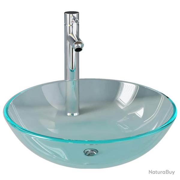 Lavabo salle de bain diam�tre 40 cm avec robinet et drain � poussoir verre tremp� 02_0002844