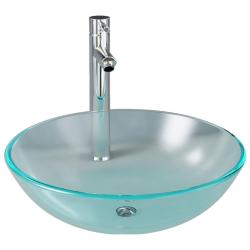 Lavabo vasque salle de bain diam&egrave;tre 42 cm avec robinet et drain &agrave; poussoir verre tremp&eacute; 02_0002849