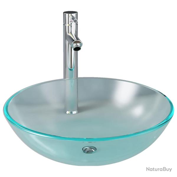 Lavabo vasque salle de bain diam�tre 42 cm avec robinet et drain � poussoir verre tremp� 02_0002849