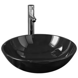 Lavabo vasque salle de bain diam&egrave;tre 42 cm avec robinet et drain &agrave; poussoir verre tremp&eacute; 02_0002854